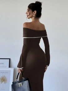 SHEIN Privé Vestidos de manga larga para mujer de talla grande, vestidos elegantes, vestidos hombros descubiertos, vestidos de cola de pez, vestido de Año Nuevo