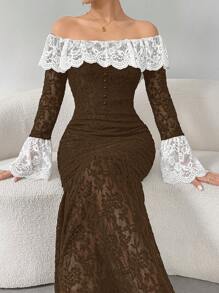 Modelyn 女士优雅蕾丝拼接露肩喇叭袖美人鱼连衣裙长款晚礼服 - 棕色 - 查看 5