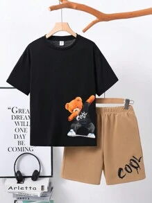 2 件套青少年男孩休闲泰迪熊印花圆领 T 恤和短裤针织套装 - 彩色 - 查看 1