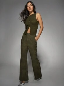 MISSGUIDED Lucky Charm Olive Green Suede High Waist Wide Leg Pants With Studded Side Details Perfect For St Patrick'S Day Irish-Themed Party Celebrations Christmas - Green - View 7