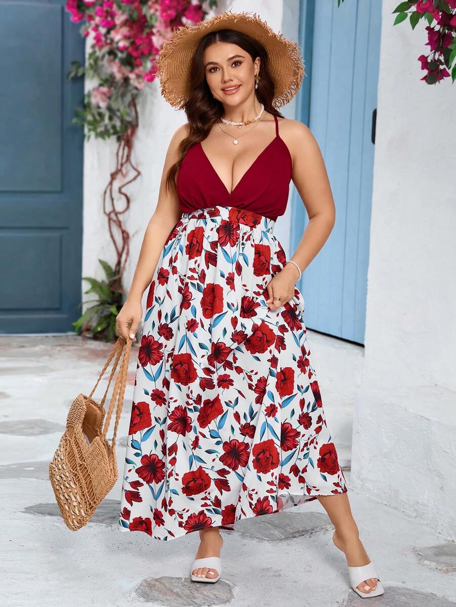 SHEIN VCAY Vestido maxi romántico para la playa con escote en V sin espalda, tirantes y parches con rosas rojas, para talla grande, para San Valentín - Rojo - Ver 1