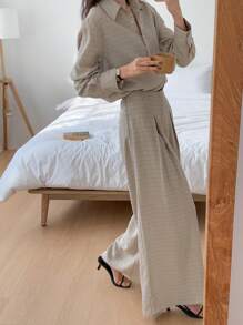 DAZY 女士两件套商务休闲条纹衬衫和宽松长裤套装，夏季亚麻家居服套装 - 卡其色 - 查看 3