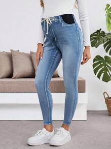 SHEIN Maternity Adjustable Drawstring Waist Blue Denim Skinny Stretchy 3/4 Leggings - Blue - View 6