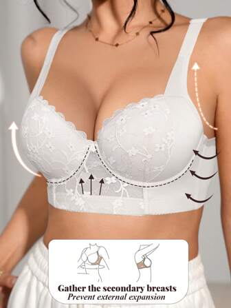 DesireSculpt 1pc Lace Lingerie For Women, Soft & Comfortable Wide Strap Gathering Adjusted Underwire Brassiere