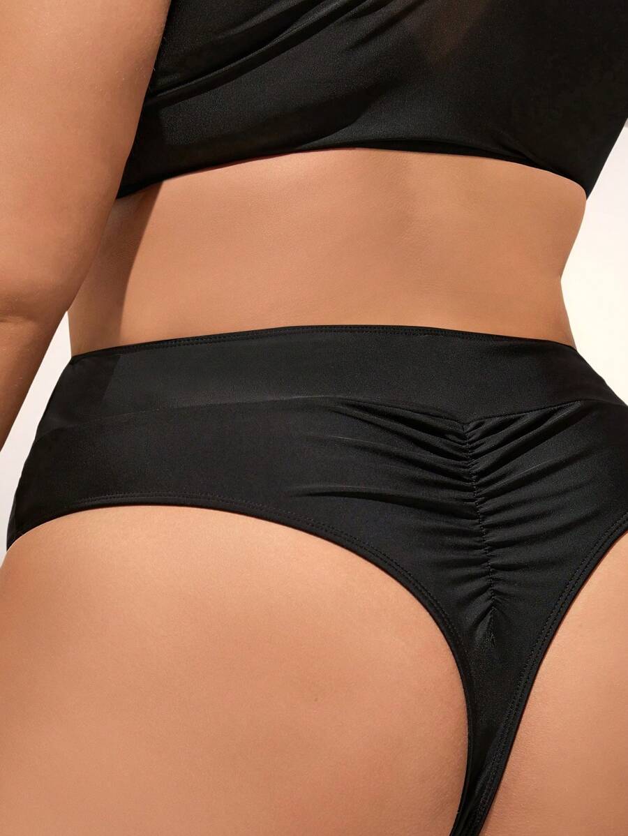 Swim Vcay Summer Beach Plus Ruched Bikini Thong - Black - View 1