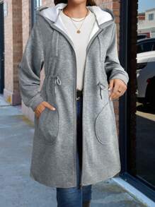Plus Size Hooded Zipper Jacket Featuring Asymmetric Plaid Textured Fabric And Cinched Waist - Grey - View 4