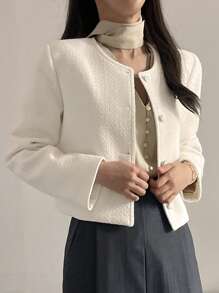 DAZY Chaqueta corta de manga larga y cuello redondo de unicolor para mujer, otoño