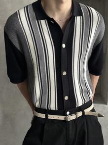 DAZY Áo len cardigan dệt kim hở phía trước kẻ sọc đen trắng cho nam, mùa hè - Đen và trắng - Xem 6