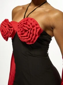 MISSGUIDED Glamorous Halter Mini Dress With Rose Applique Detail Party Evening Bodycon Dress With Sweetheart Bust Design Holiday New Year Christmas Celebration Outfit - Black - View 4