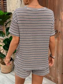 Boho Mama 2pcs/Set Pregnant Women Round Neck Short Sleeve Pocket Striped Casual Top And Shorts Set - Multicolor - View 2