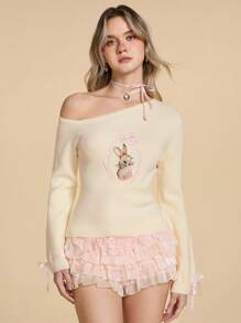 ROMWE Kawaii 性感露肩蝴蝶结和兔子刺绣套头衫 - 杏色 - 查看 5