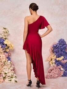 SHEIN Belle Elegant And Romantic Red Stretch Knit Fabric One-Shoulder Ruffled Sleeves Gathered Asymmetric Hem Suitable For Wedding Events, Dates, Vacations, Bridesmaid Dresses - Burgundy - View 2