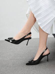 CUCCOO BIZCHIC Basic Office Commute Fashion Solid Black Pointed Toe Bowknot Cutout Stiletto Heel Pumps For Christmas And New Year Holiday Vibe Fall And Winter - Black - View 5