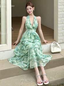 DAZY V-Neck Sleeveless Ruffle Trim Mid-Calf Floral Print Spring Dress For Women Sundress