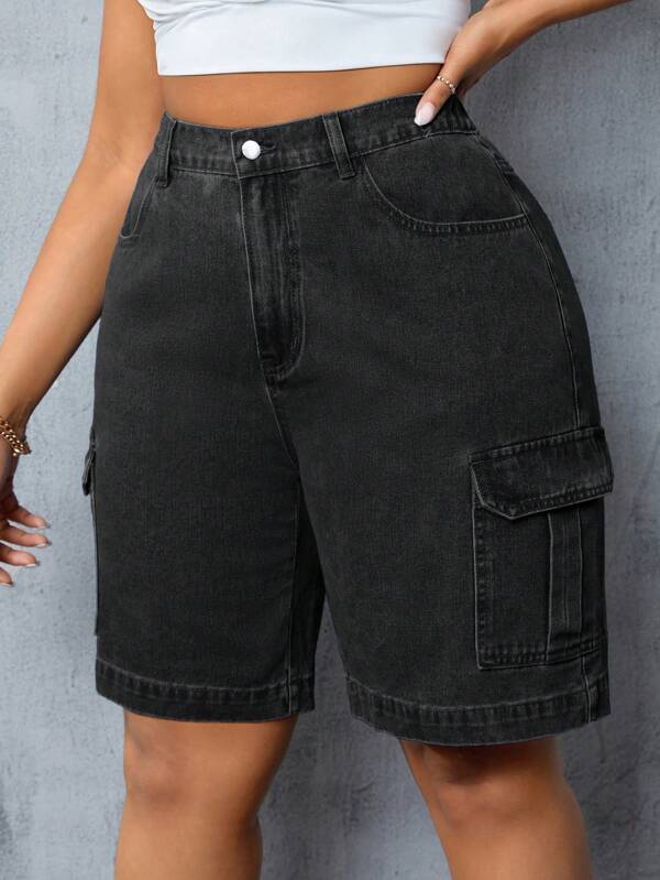 SHEIN Plus Size Button Front Pocket Design Casual Denim Shorts, Daily Wear