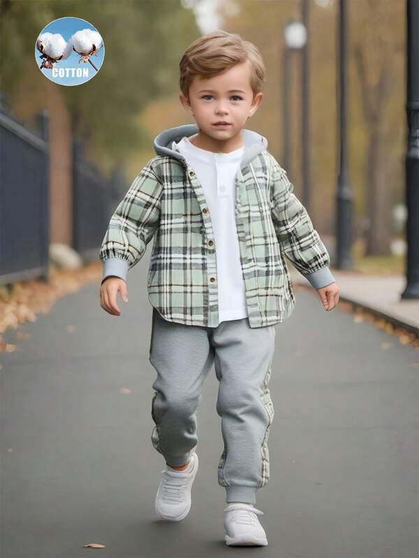 2pcs Young Boy Plaid Hooded Shacket And Sports Pants Set, Spring Autumn Toddler Plaidboys Plaid Jacket