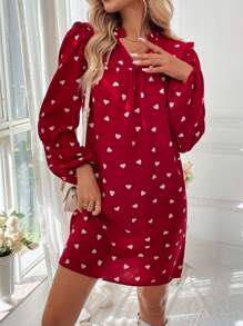 SHEIN LUNE Spring New V-Neck Ruffle Hem Romantic Heart Pattern Cute & Elegant Ladies Short Dress Valentine's Day Heart - Red - View 1