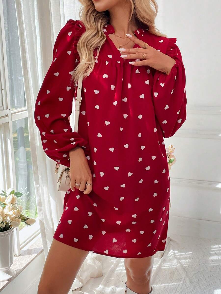 SHEIN LUNE Spring New V-Neck Ruffle Hem Romantic Heart Pattern Cute & Elegant Ladies Short Dress Valentine's Day Heart - Red - View 1