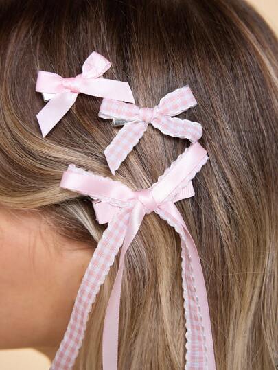 Kawaii 6 pezzi di fermagli per capelli Graziosi ed eleganti, casual e molto attraenti, in stile pastello "Vanilla Girl", con fiocco a quadri rosa, di colore tenue, adatti per uso quotidiano di donne e ragazze, ideali come regalo per le vacanze