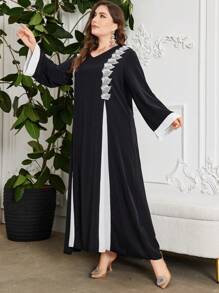 Al Najma Vestido de manga larga con cuello en V para mujer de talla grande, con dobladillo desgarrado y contraste de color