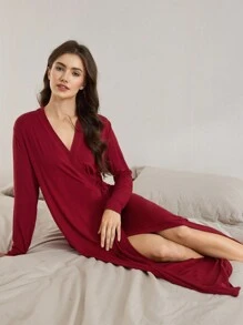 Ocili 女士纯色系带长袖简约休闲长袍 - 酒紅色 - 查看 1