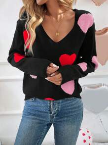 SHEIN LUNE 2025 Spring New Valentine's Day Heart Pattern V-Neck Sweater For Women Heart Sweater Valentine's Day Heart Sweater In Fall/Winter - Red - View 5