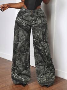 Slaydiva 女式前扣口袋全印花休闲牛仔裤，简约风格 - 彩色 - 查看 4