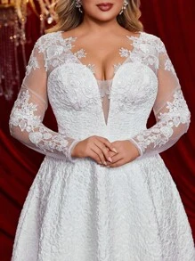 Glamrae Abito da sposa elegante e romantico extra large, in jacquard bianco, con maniche lunghe trasparenti, decorazioni in applicazione, linea ad A ampia, adatto per ricevimento nuziale