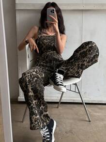 DAZY 女士休闲豹纹宽松牛仔背带裤 Y2k