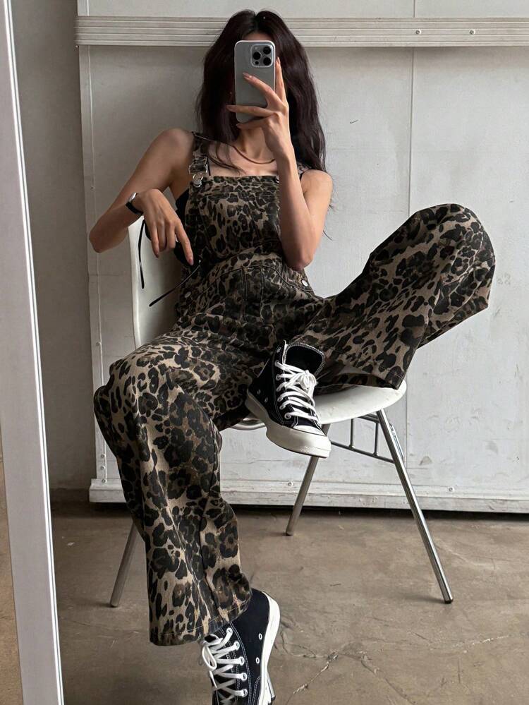 Women Casual Leopard Print Loose Fit Baggy Denim Bib Overall Pants Y2k
