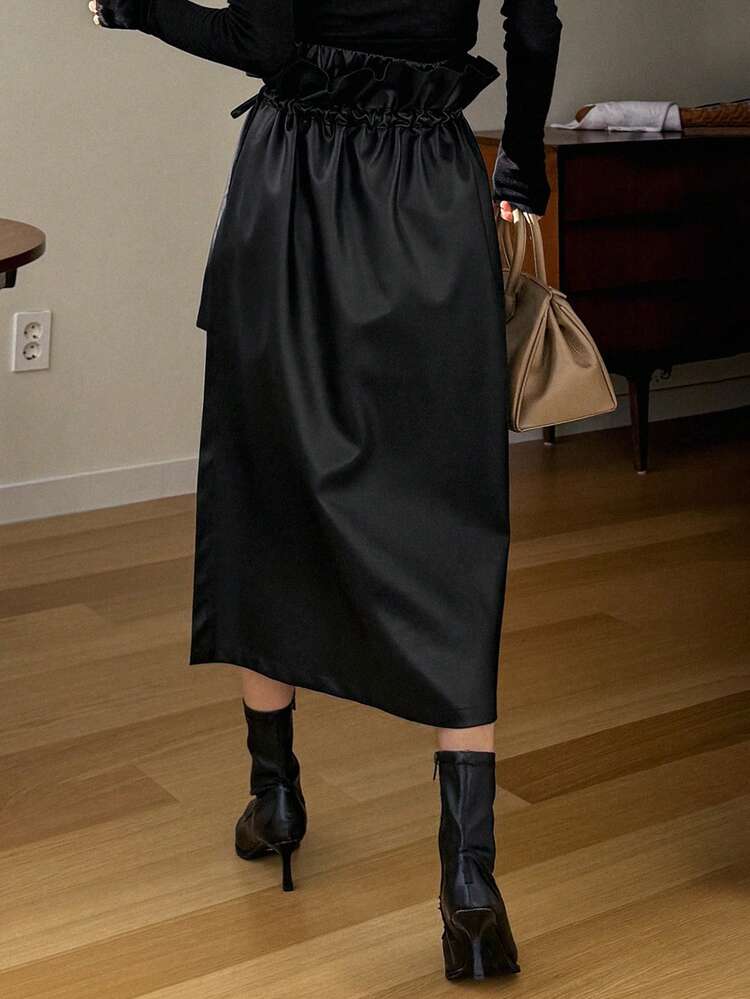 Women Solid Color PU Leather Ruffle Waist Split Tie-Up Skirt,Fall Clothes Winter Women Skirts