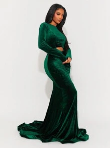 SHEIN SXY 新年优雅性感夜店必备情人节派对绿丝绒长袖大露背百褶超长鱼尾曳地连衣裙 - 綠色 - 查看 4