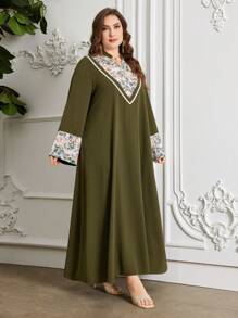 Al Najma Plus Size Women's Heterogeneous Floral Print Dress,Modest - Olive Green - View 6