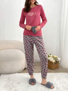 RueChic 2pcs Cotton Heart Embroidery Detail Shirt And Contrast Colour Heart Pattern Sleep Bottom PJ Set - Dusty Pink - View 3
