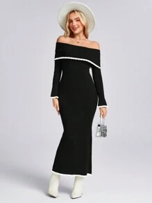 SHEIN LUNE Western Wear Women Valentine's Day Sweater Women's Off Shoulder Form-Fitting Black Sweater Dress - Black - View 1