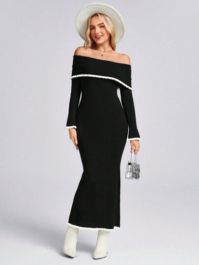 SHEIN LUNE Suéter de Día de San Valentín para mujer de vestimenta occidental, vestido de suéter negro ajustado con hombros descubiertos para mujeres