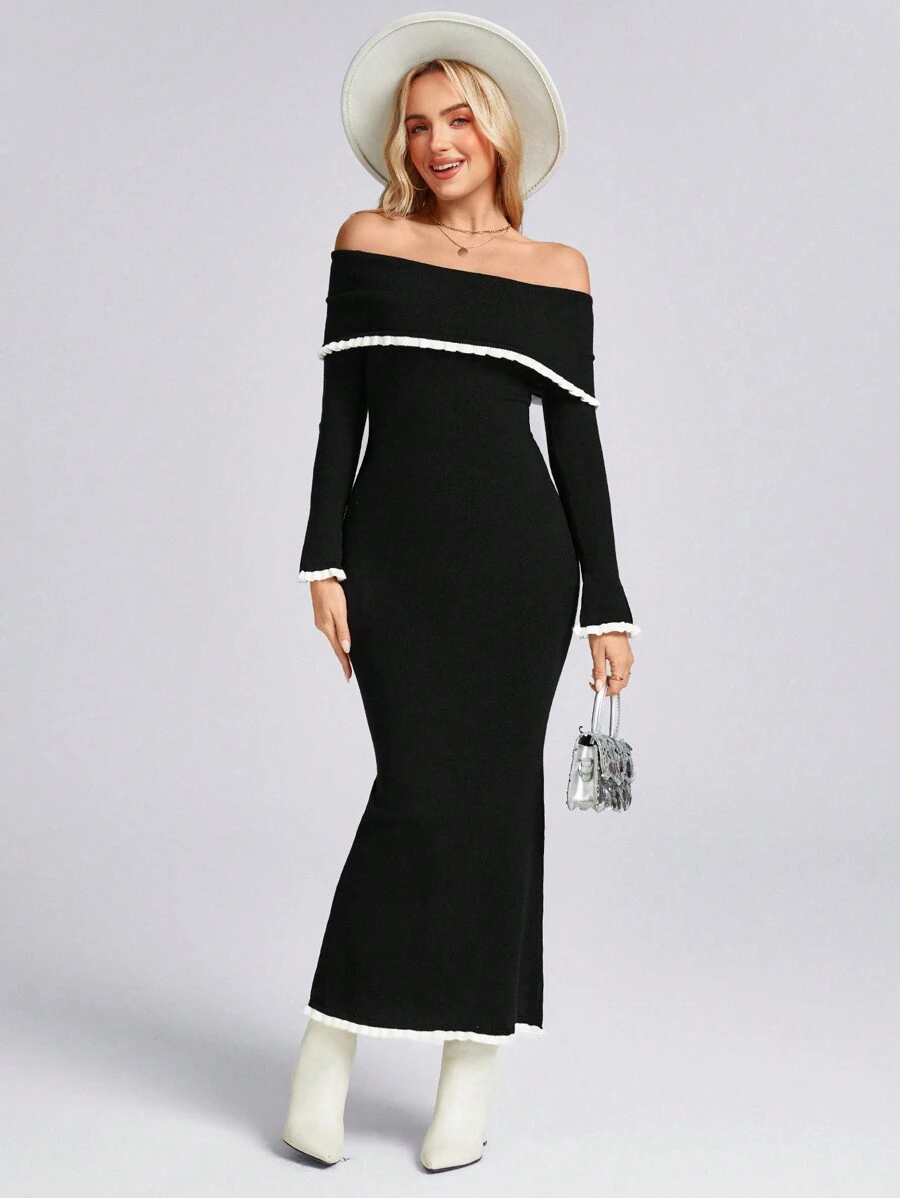 SHEIN LUNE Western Wear Women Valentine's Day Sweater Women's Off Shoulder Form-Fitting Black Sweater Dress - Black - View 1