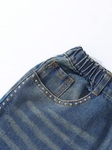 Jeans dritti rilassati per ragazze adolescenti, stile vintage, bohémien, Y2K, urban street, con dettagli dello stub, vita elasticizzata e chiusura a bottone, tasche piatte e dettagli a baffi di gatto - Blu lavato scuro - Visualizzare 5
