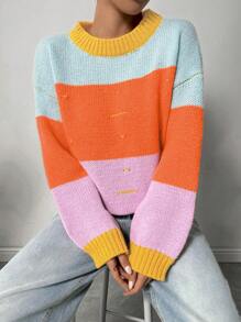 SHEIN LUNE 色彩缤纷宽松休闲圆领套头长袖女式针织毛衣，秋冬款 - 彩色 - 查看 3