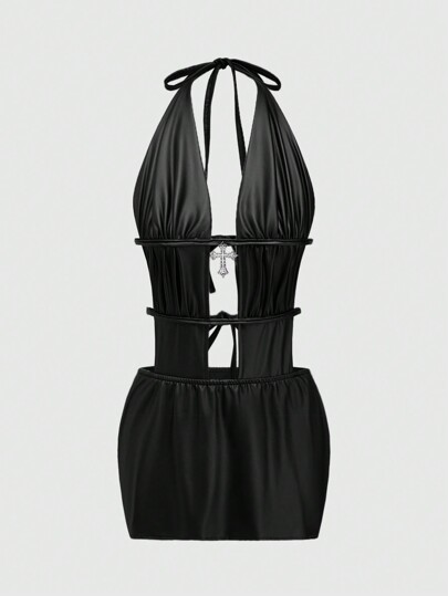 Grunge Punk Vestido camiseta mini con espalda descubierta y colgante cruzado de moda y sexy para mujer