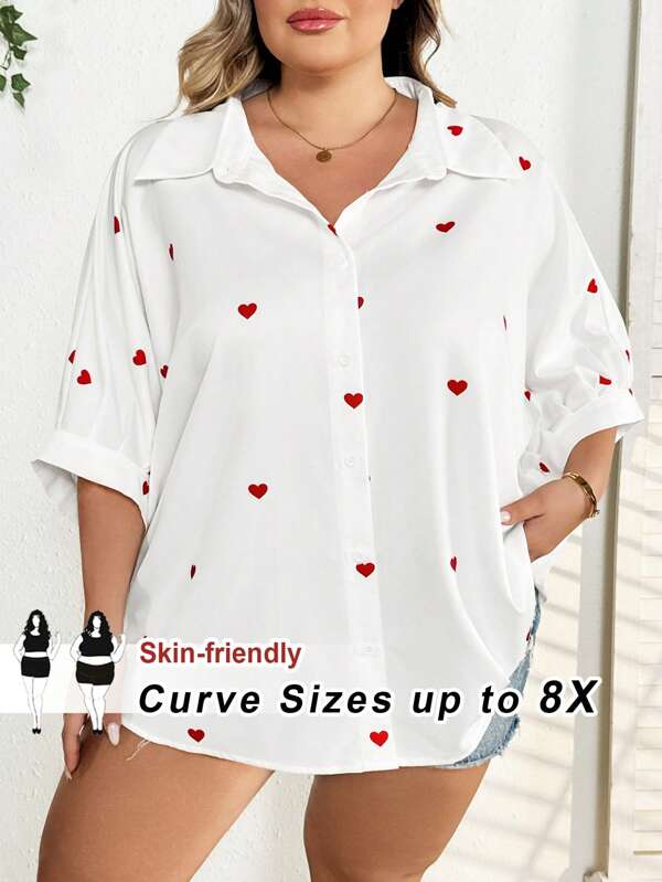SHEIN CURVE+ Valentine Plus Size Women French Fashionable Polka Dot Heart Print Blouse, For Summer Boho Vacation