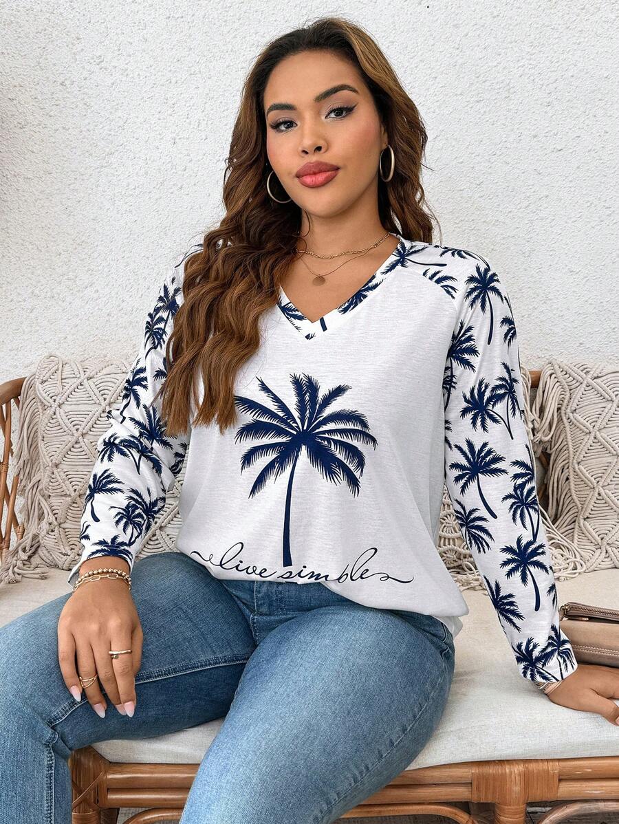 Breezaya Plus Size V-Neck Palm Tree Print Raglan Long Sleeve Loose T-Shirt, Stress Relief, Evening Gown, Elegant Fashion Women