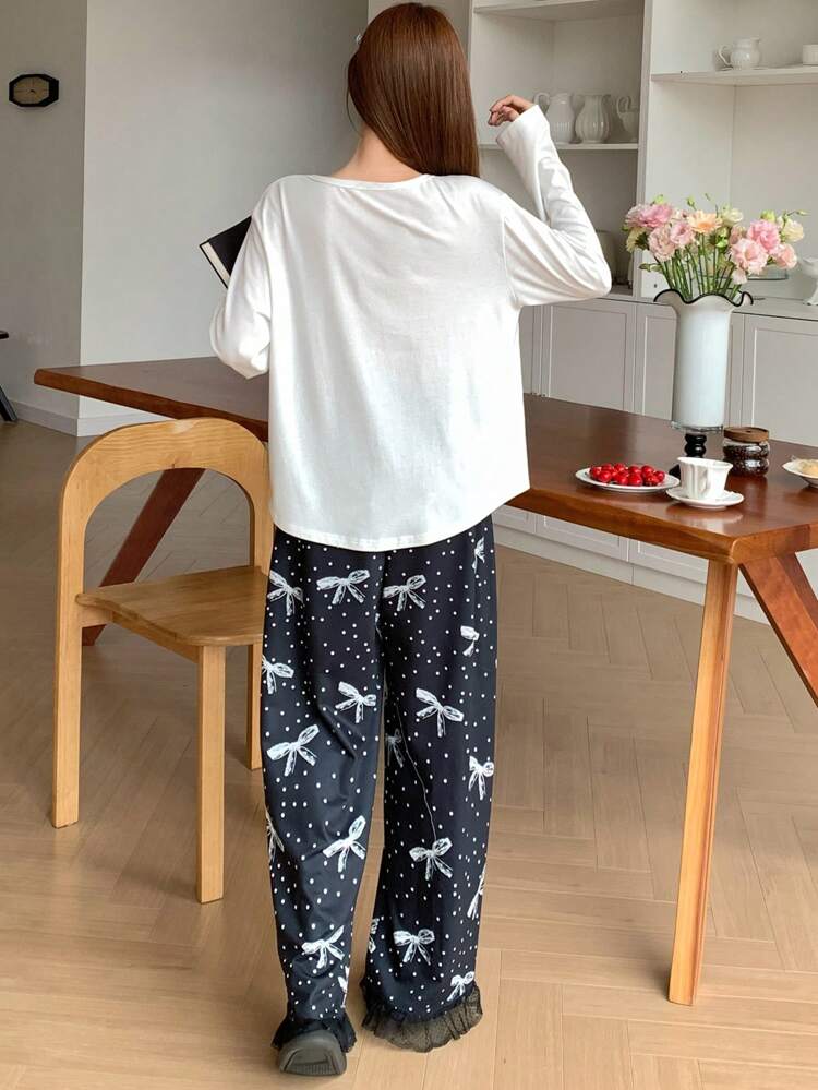 Cute Cartoon Print Half Placket Curved Hem Top Combined With Bow Polka Dot All-Over Print Pajama Pants Sleepwear Set