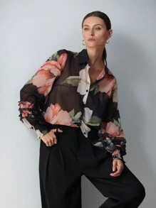 Aveloria Modichic 优雅随机雪纺撞色印花层叠荷叶边袖口长袖衬衫 - 彩色 - 查看 4