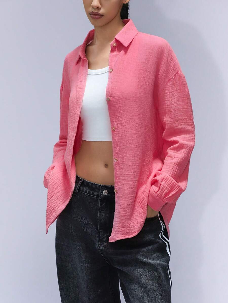 GENKIRA 素色落肩袖襯衫 - 粉色 - 查看 1