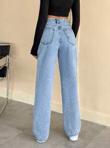 EURMUSE HIGH WAIST MEDIUM STRAIGHT LEG JEAN D-RING AND POCKET DETAILED - Light Wash - View 2