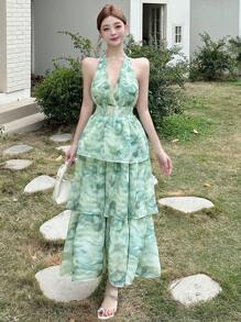 DAZY V-Neck Sleeveless Ruffle Trim Mid-Calf Floral Print Spring Dress For Women Sundress