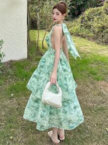 DAZY V-Neck Sleeveless Ruffle Trim Mid-Calf Floral Print Spring Dress For Women Sundress