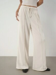 SHEIN BASICS Conjunto de 2 piezas para mujer: Top corto entallado de color liso y pantalones rectos holgados de cintura alta