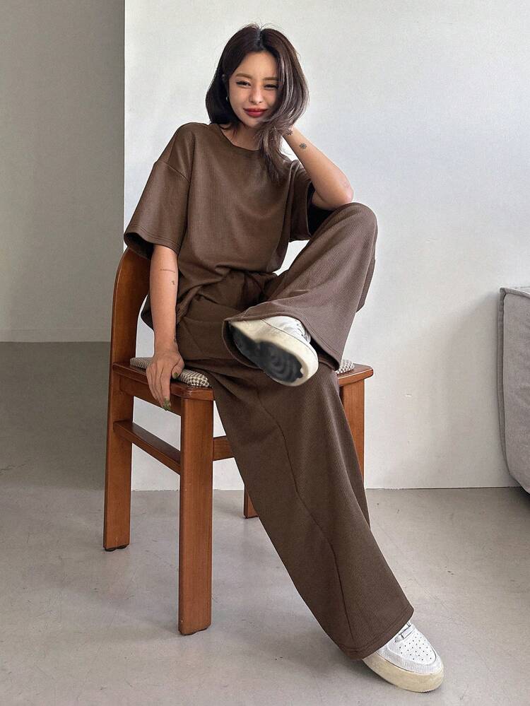 2pcs/Set Women Solid Color Round Neck Short Sleeve Top And Long Pants Summer